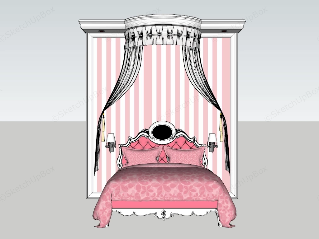 European Princess Style Canopy Bed With Wall Backdrop Sketchup 3D Model Preview - SketchupBox