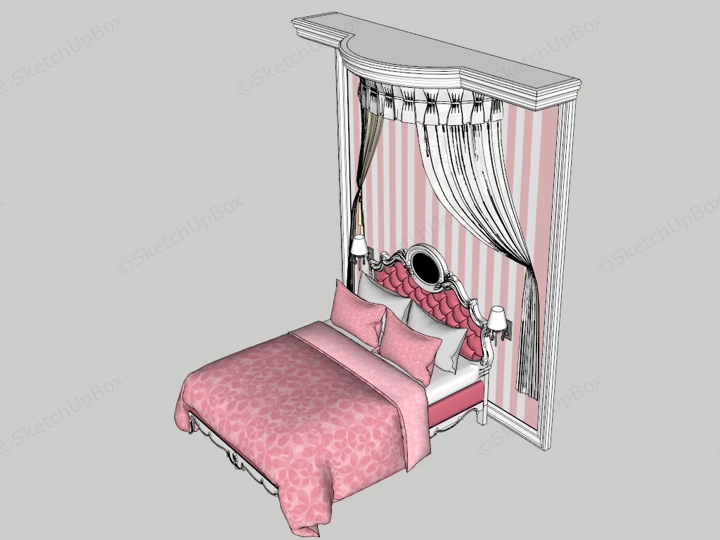 European Princess Style Canopy Bed With Wall Backdrop Sketchup 3D Model Preview - SketchupBox