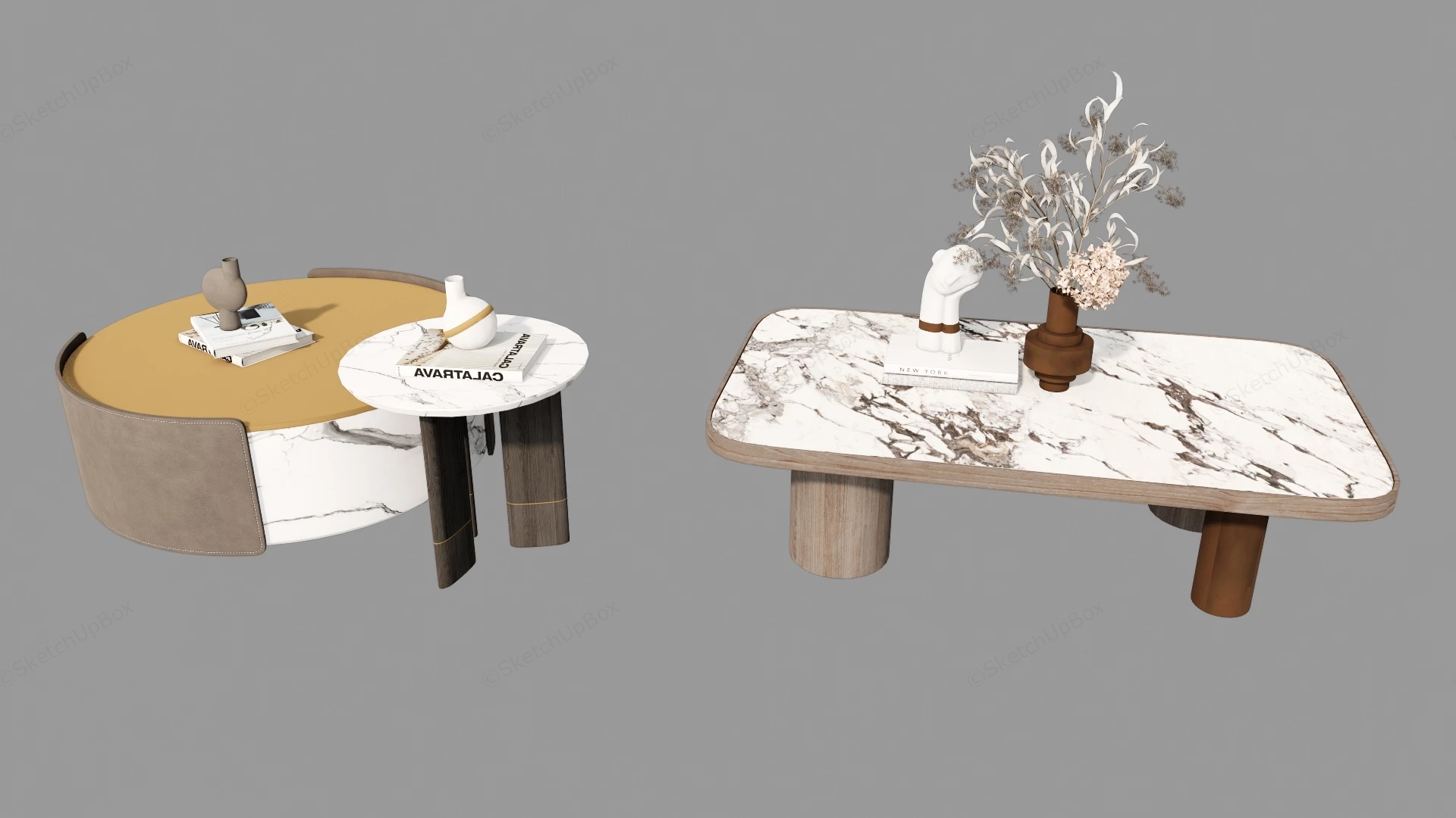 Modern Luxury Marble And Leather Coffee Table Collection Sketchup 3D Model Preview - SketchupBox