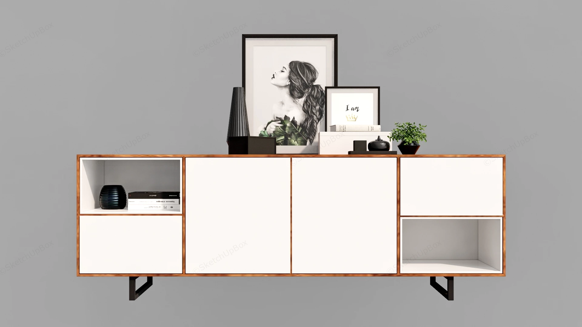 Modern Minimalist Wood And White Sideboard Credenza Sketchup 3D Model Preview - SketchupBox
