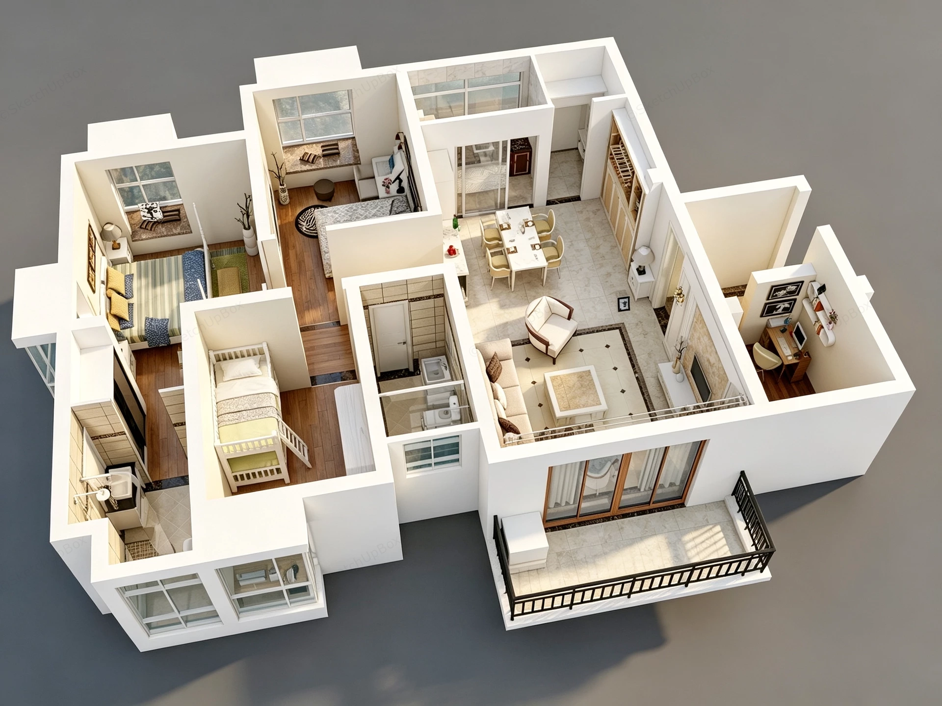 Modern Three Bedroom Residential Apartment 3D Floor Plan Sketchup 3D Model Preview - SketchupBox