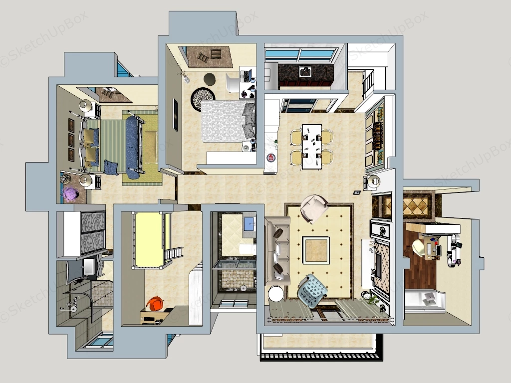 Modern Three Bedroom Residential Apartment 3D Floor Plan Sketchup 3D Model Preview - SketchupBox
