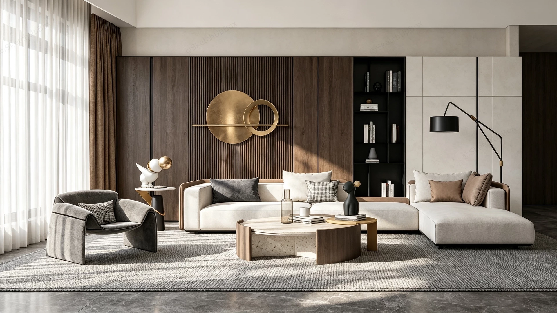 Modern Luxury Timber And Marble Living Room Suite Sketchup 3D Model Preview - SketchupBox