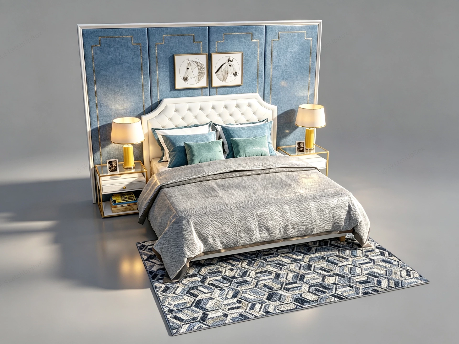 Modern Luxury Blue Velvet Bedroom Suite With Wall Backdrop Sketchup 3D Model Preview - SketchupBox