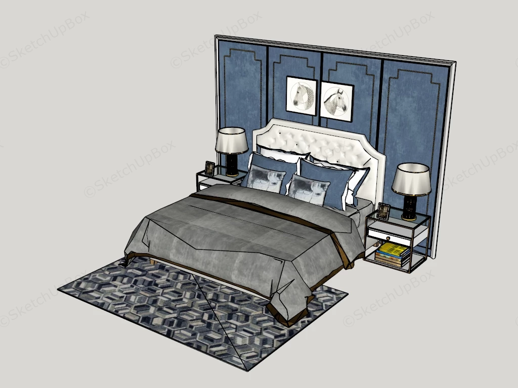 Modern Luxury Blue Velvet Bedroom Suite With Wall Backdrop Sketchup 3D Model Preview - SketchupBox