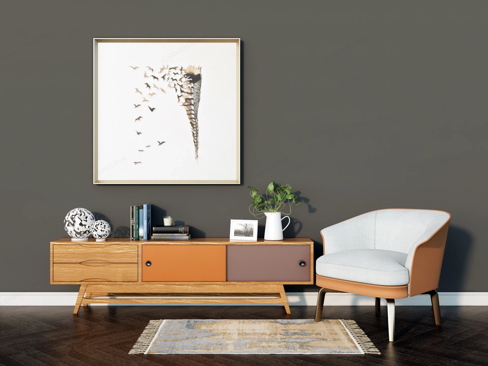 Mid Century Modern Credenza And Accent Chair Suite Sketchup 3D Model Preview - SketchupBox