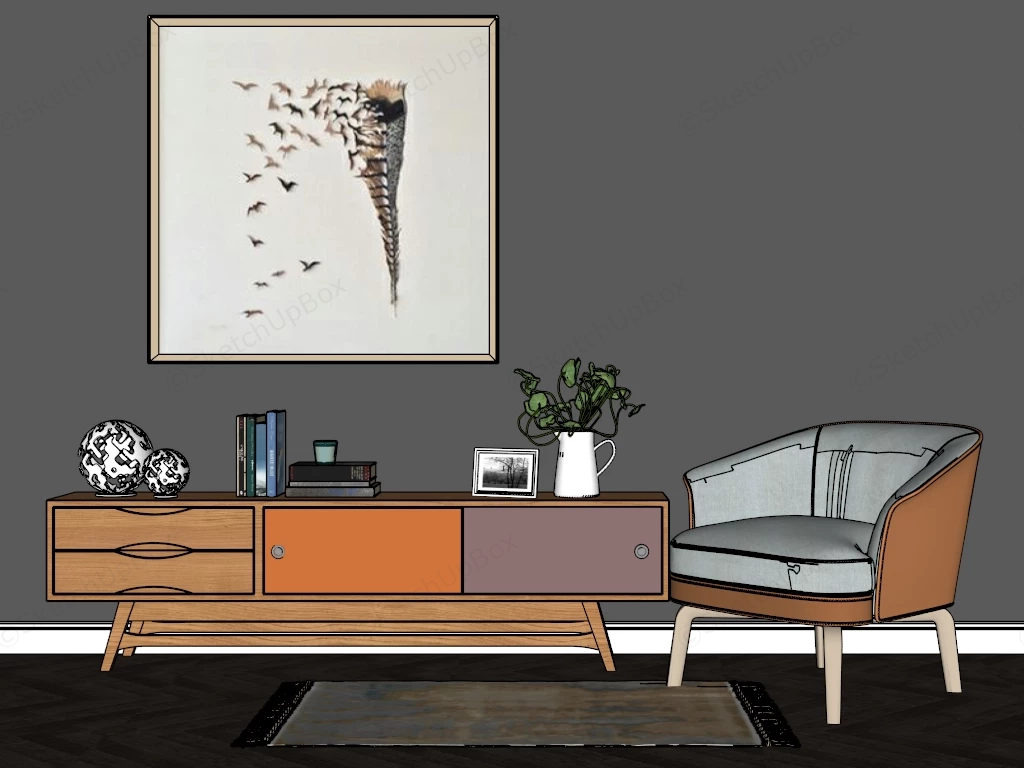 Mid Century Modern Credenza And Accent Chair Suite Sketchup 3D Model Preview - SketchupBox