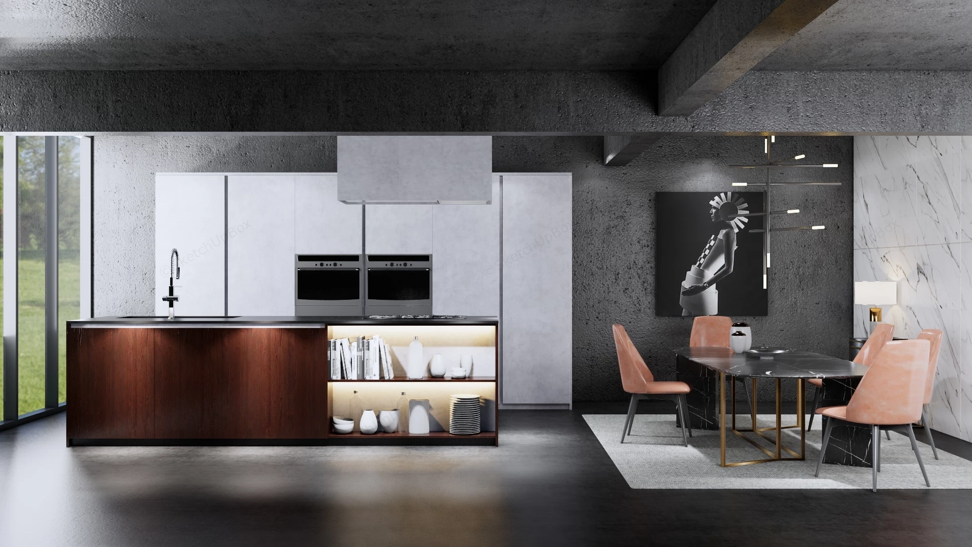 Modern Industrial Luxury Kitchen And Dining Area Sketchup 3D Model Preview - SketchupBox