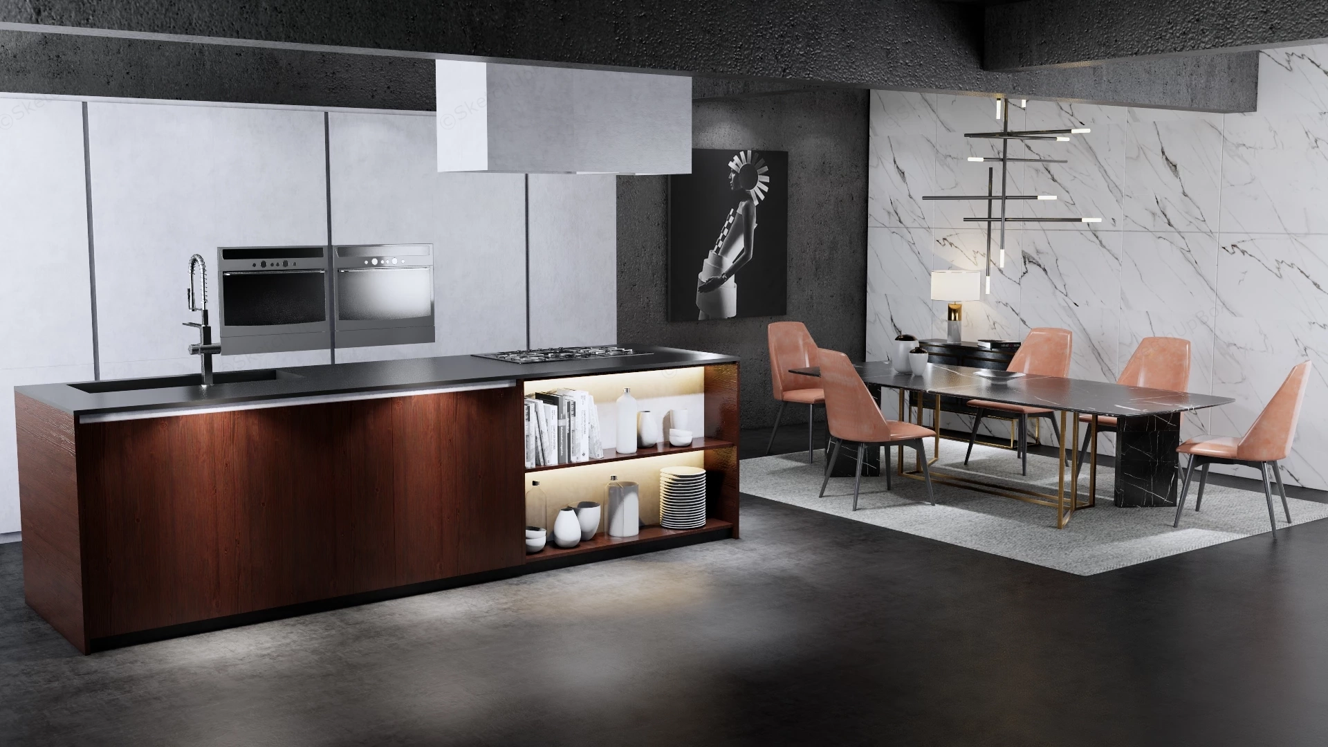 Modern Industrial Luxury Kitchen And Dining Area Sketchup 3D Model Preview - SketchupBox