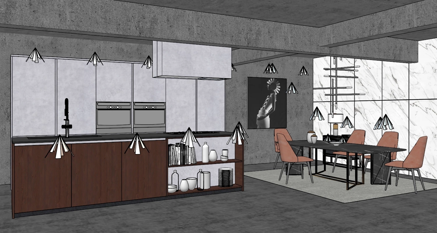 Modern Industrial Luxury Kitchen And Dining Area Sketchup 3D Model Preview - SketchupBox