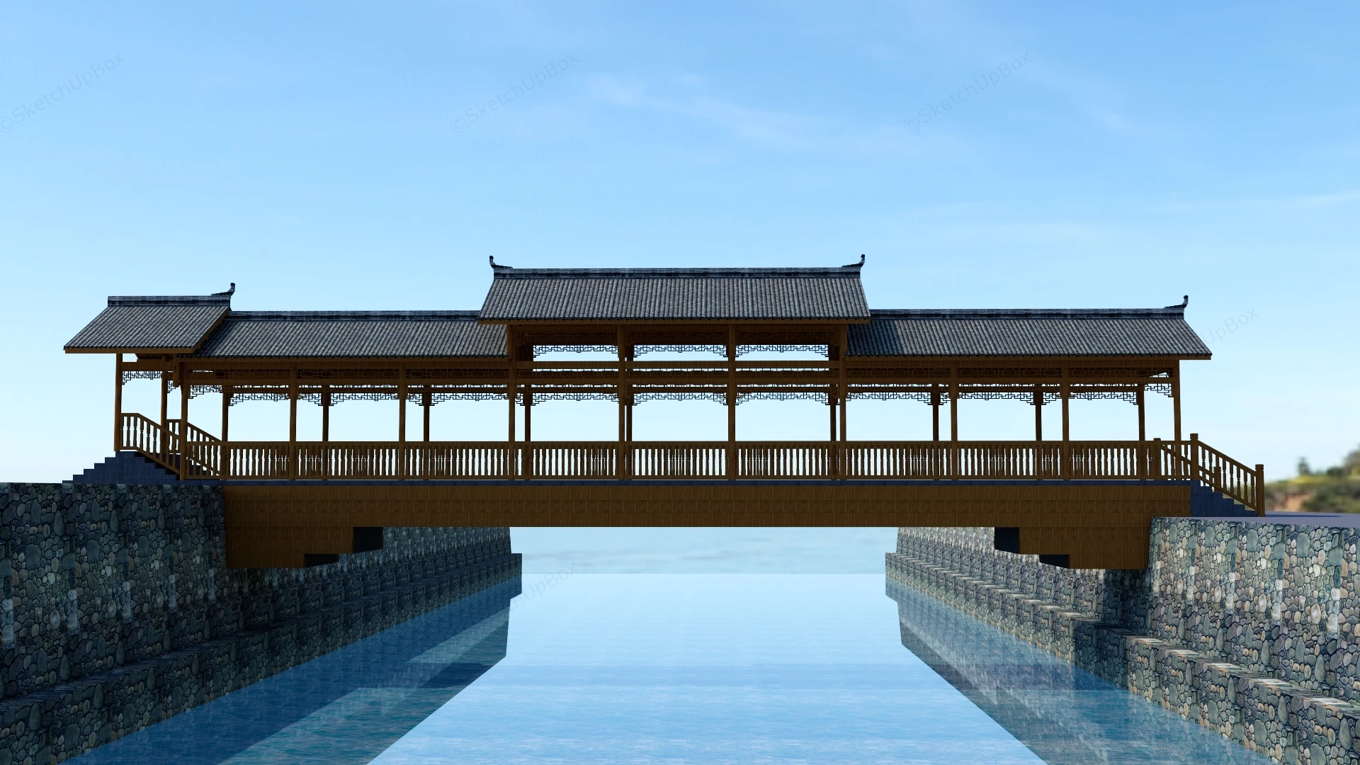 Traditional Chinese Covered Timber Corridor Bridge Sketchup 3D Model Preview - SketchupBox