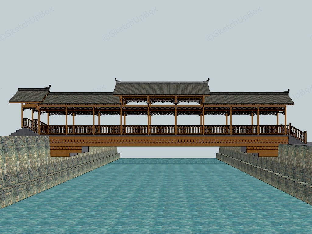 Traditional Chinese Covered Timber Corridor Bridge Sketchup 3D Model Preview - SketchupBox