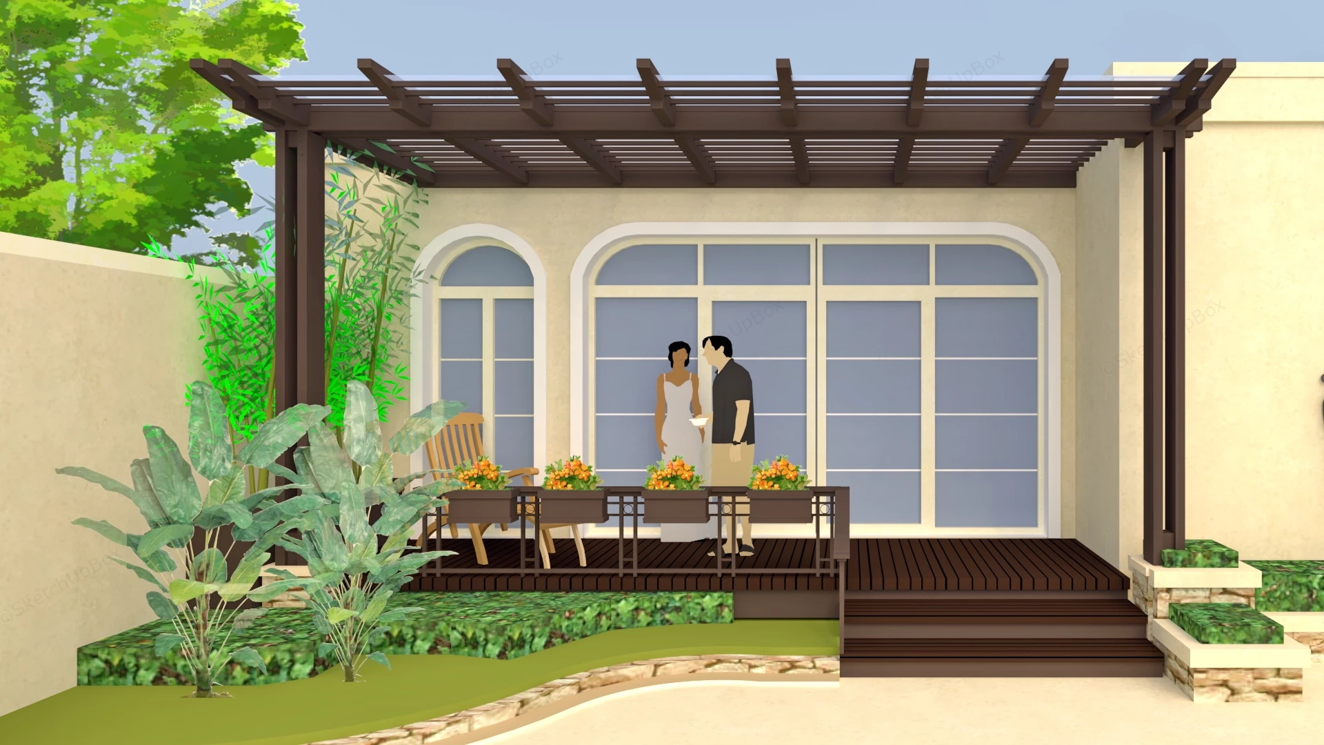 Outdoor Garden Patio With Timber Pergola Sketchup 3D Model Preview - SketchupBox