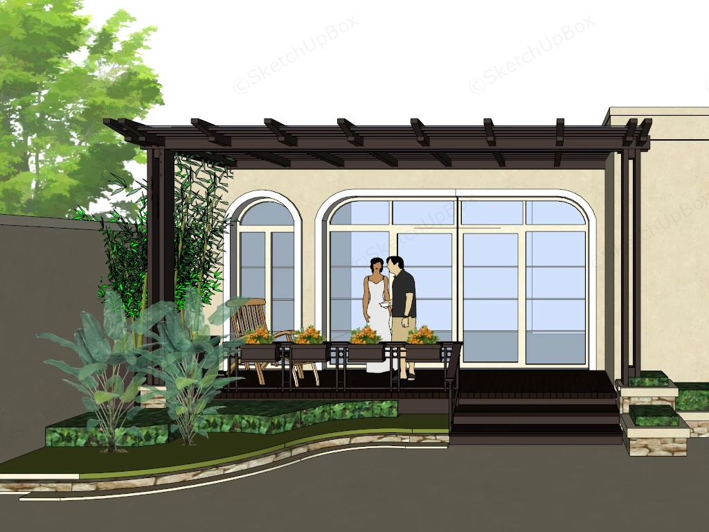 Outdoor Garden Patio With Timber Pergola Sketchup 3D Model Preview - SketchupBox