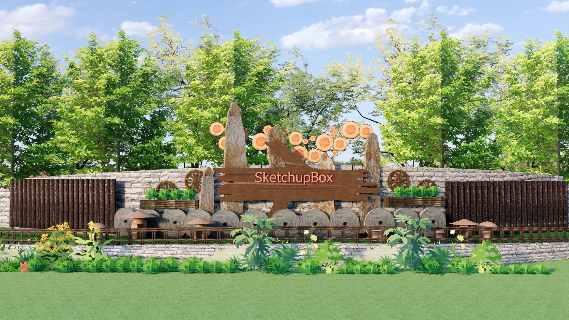 Rustic Rural Cultural Park Entrance Sign And Landscape Installation Sketchup 3D Model Preview - SketchupBox