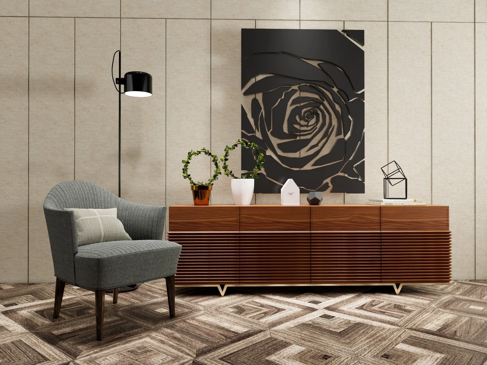 Modern Luxury Walnut Credenza And Armchair Sketchup 3D Model Preview - SketchupBox