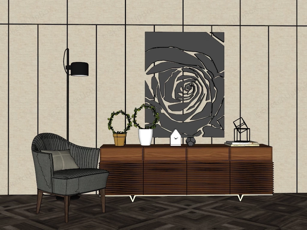 Modern Luxury Walnut Credenza And Armchair Sketchup 3D Model Preview - SketchupBox