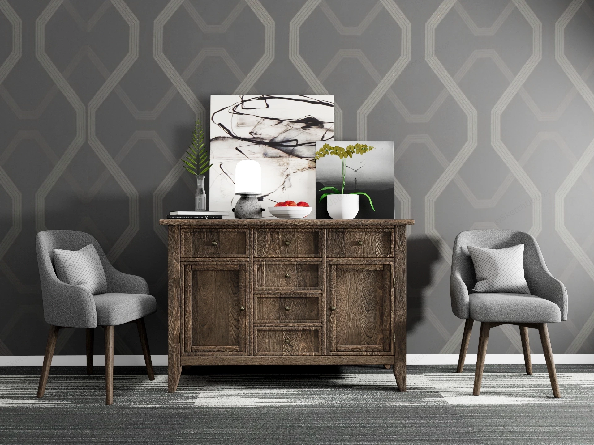 Rustic Dark Wood Sideboard Credenza And Accent Chairs Sketchup 3D Model Preview - SketchupBox