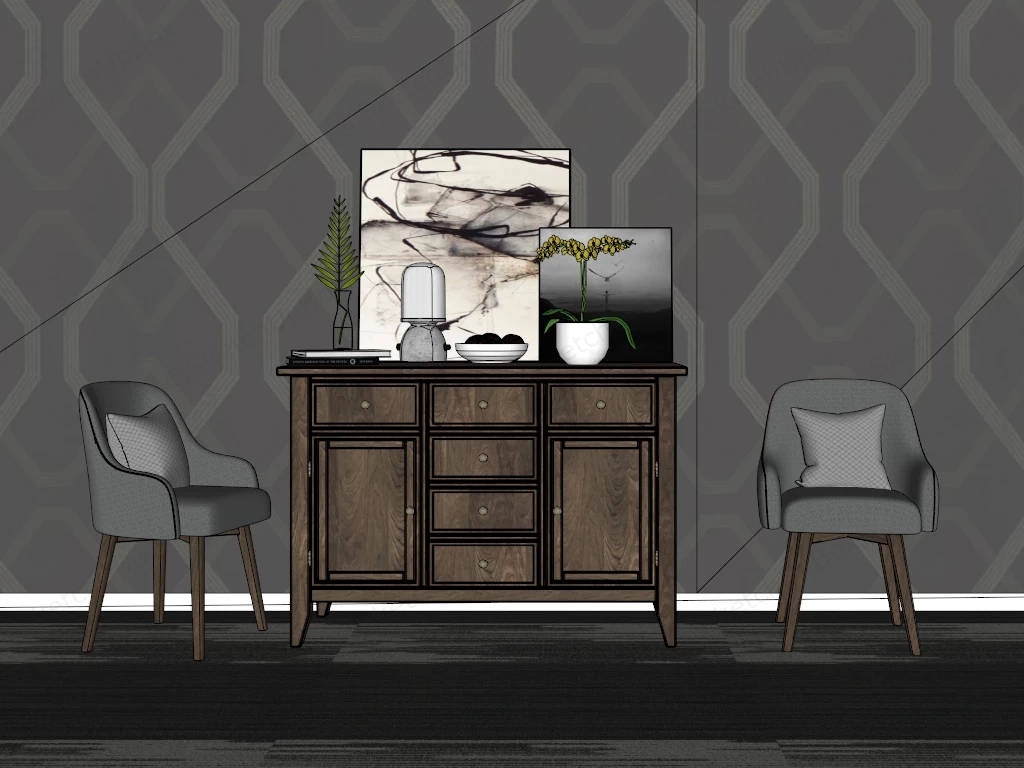 Rustic Dark Wood Sideboard Credenza And Accent Chairs Sketchup 3D Model Preview - SketchupBox