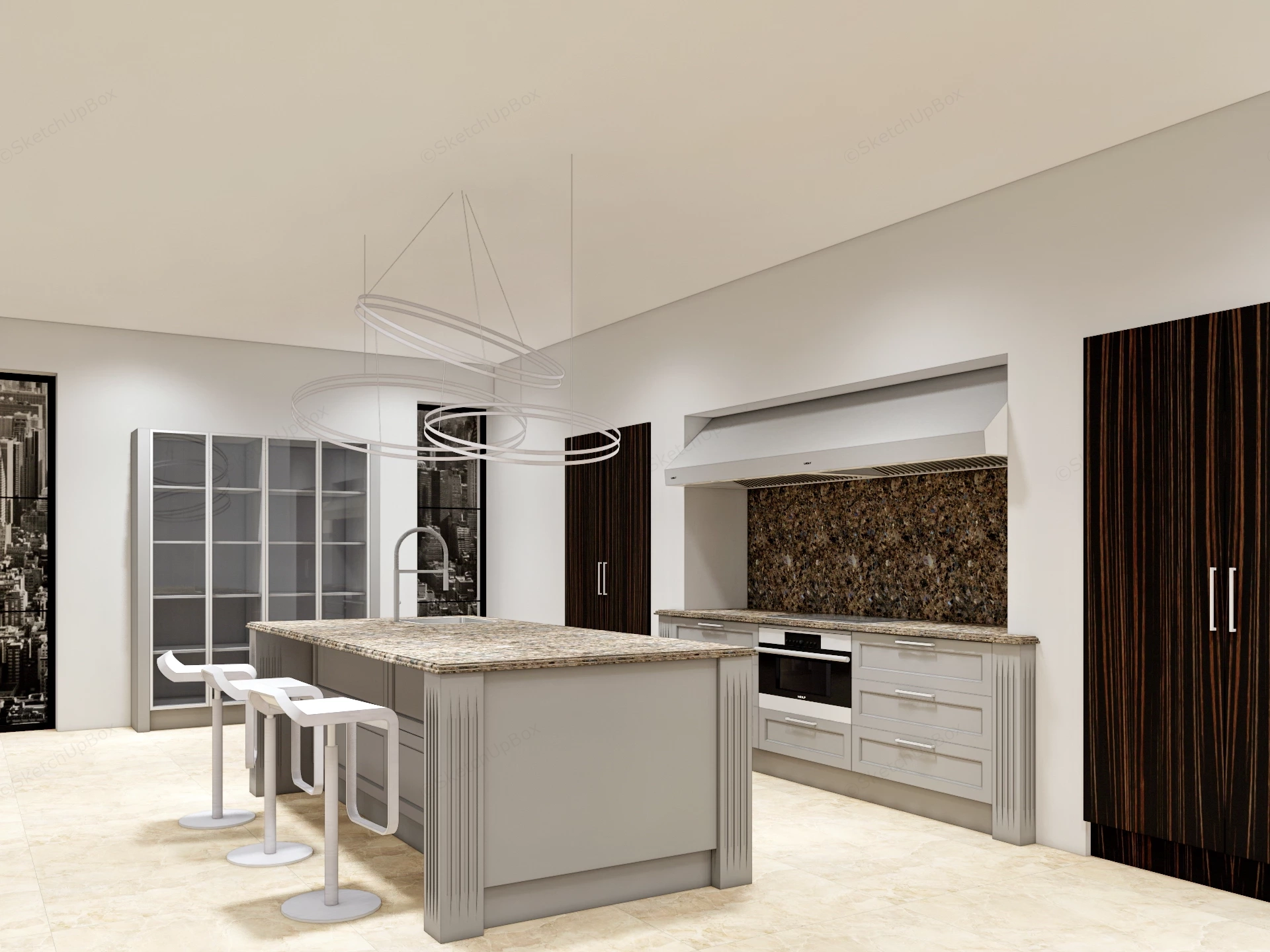 Modern Kitchen Island And Dark Wood Cabinetry Suite Sketchup 3D Model Preview - SketchupBox