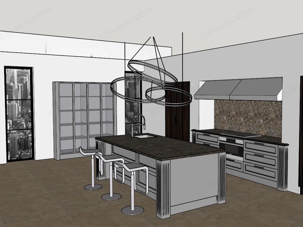 Modern Kitchen Island And Dark Wood Cabinetry Suite Sketchup 3D Model Preview - SketchupBox