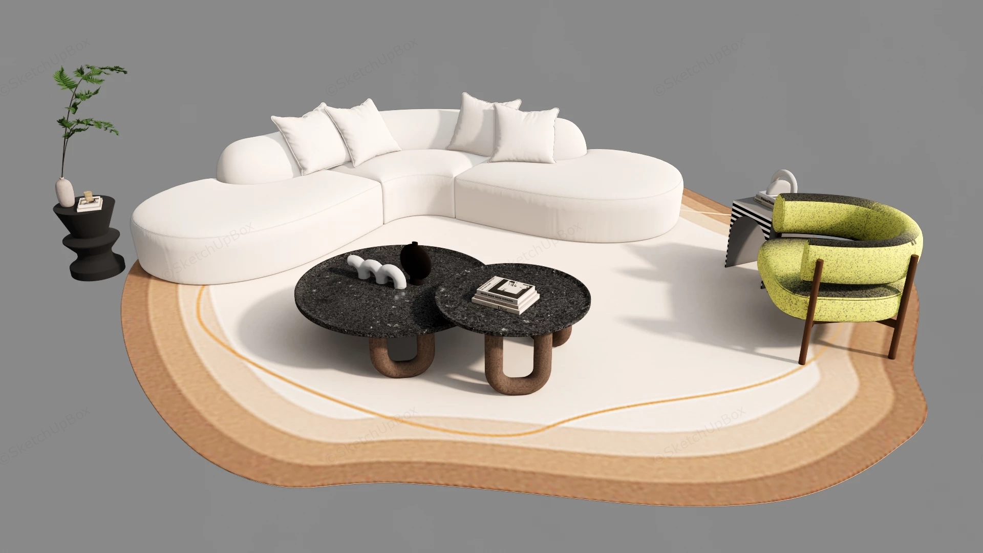 Modern Curved Sectional Sofa And Coffee Table Suite Sketchup 3D Model Preview - SketchupBox