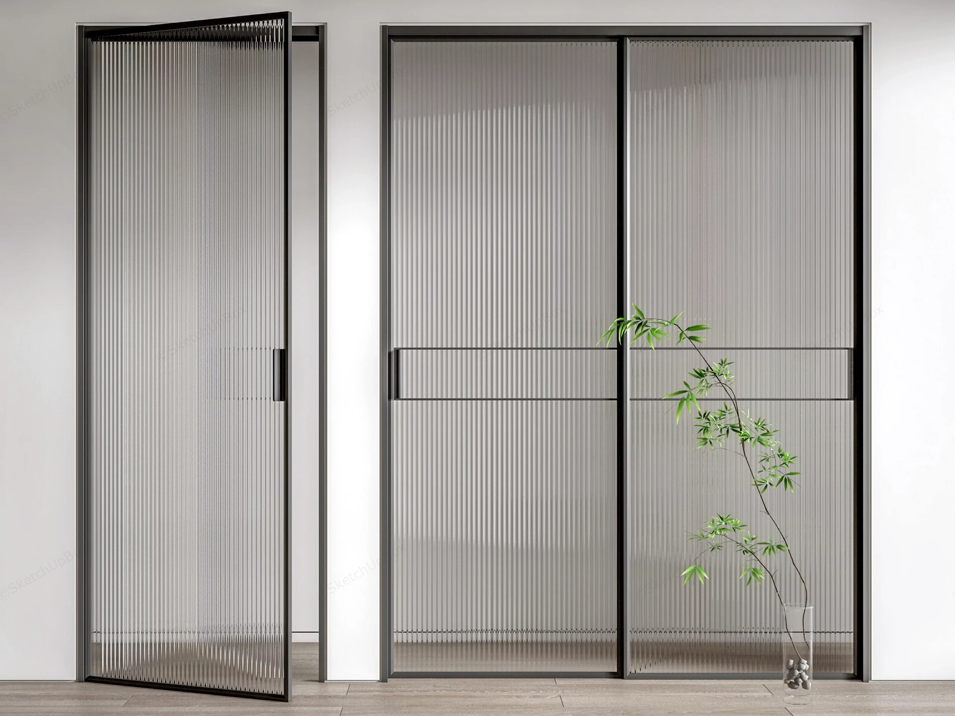 Fluted Glass Sliding And Swing Doors Set Sketchup 3D Model Preview - SketchupBox