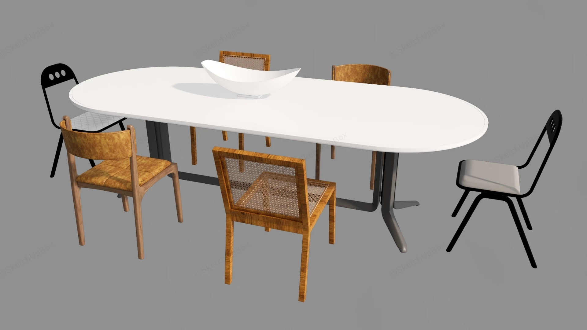 Modern Oval White Dining Table And Mixed Accent Chairs Set Sketchup 3D Model Preview - SketchupBox