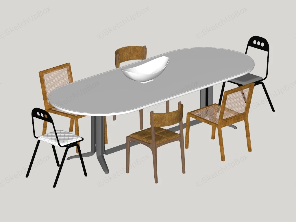 Modern Oval White Dining Table And Mixed Accent Chairs Set Sketchup 3D Model Preview - SketchupBox