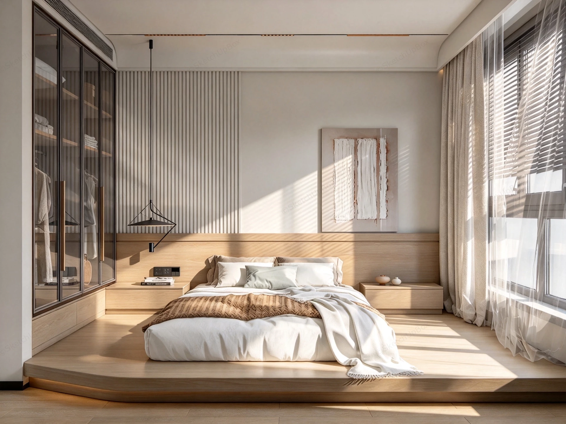 Modern Japandi Natural Oak Platform Bedroom Sketchup 3D Model Preview - SketchupBox