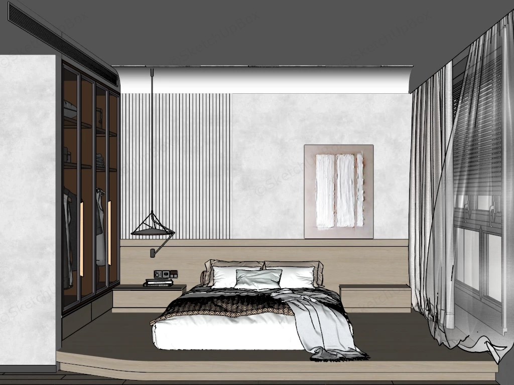 Modern Japandi Natural Oak Platform Bedroom Sketchup 3D Model Preview - SketchupBox