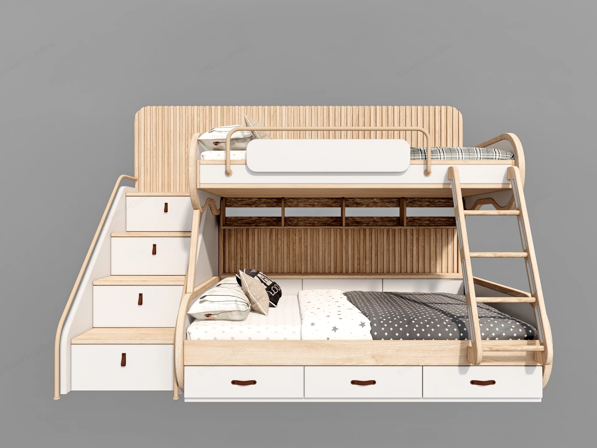Modern Scandinavian Oak Children's Bunk Bed Sketchup 3D Model Preview - SketchupBox