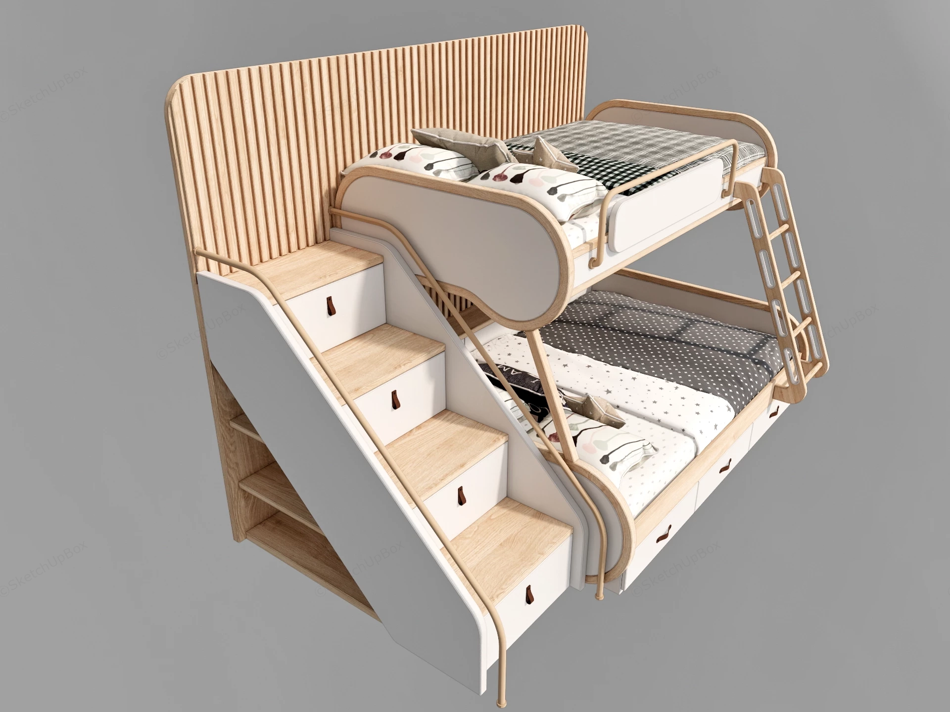 Modern Scandinavian Oak Children's Bunk Bed Sketchup 3D Model Preview - SketchupBox