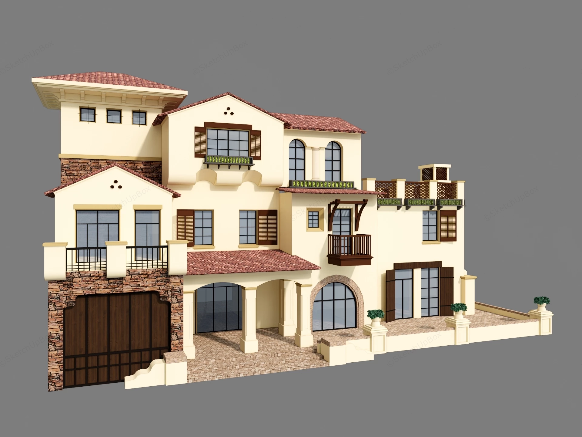 Modern Spanish Mediterranean Tuscan Villa Sketchup 3D Model Preview - SketchupBox