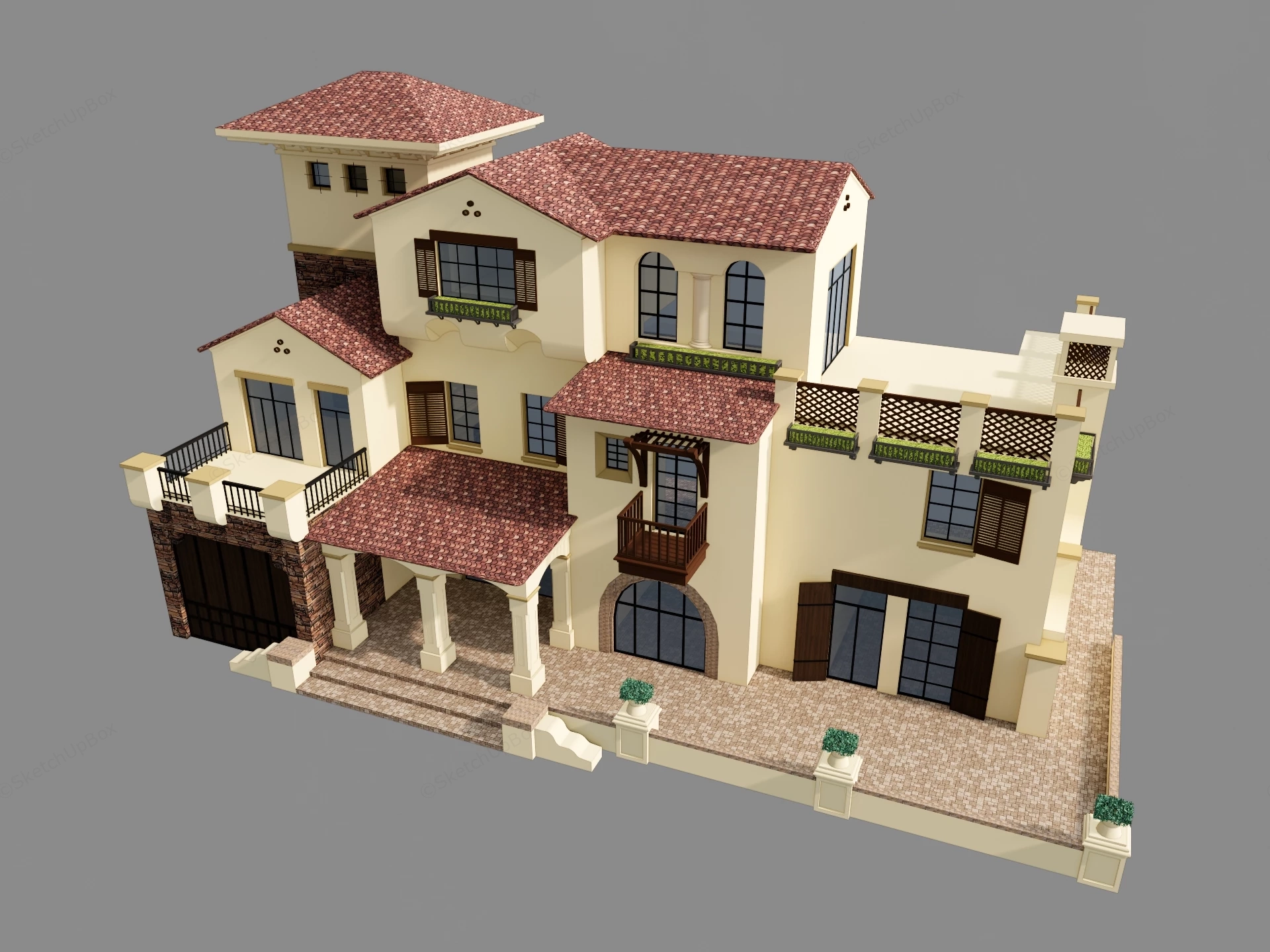 Modern Spanish Mediterranean Tuscan Villa Sketchup 3D Model Preview - SketchupBox