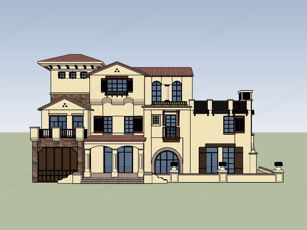 Modern Spanish Mediterranean Tuscan Villa Sketchup 3D Model Preview - SketchupBox