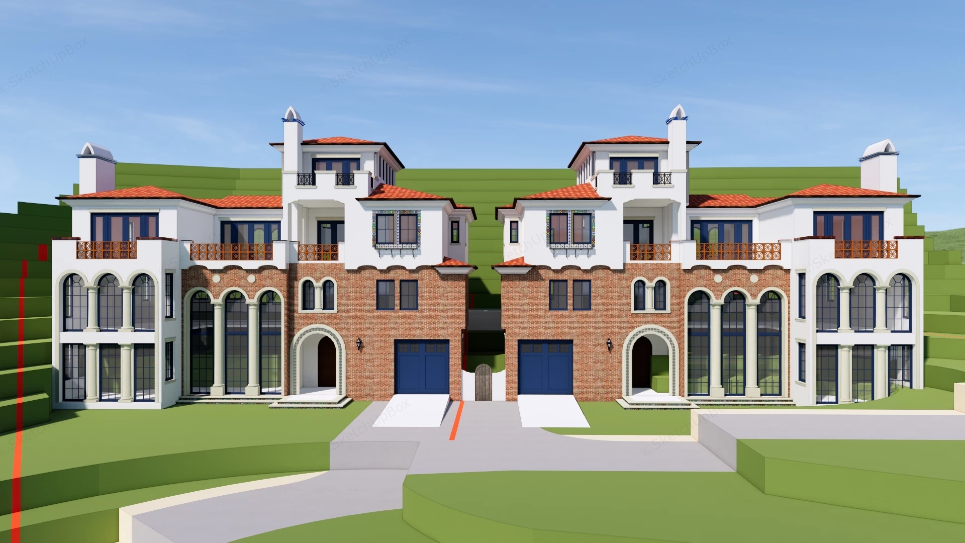 Modern Spanish Colonial Revival Twin Hillside Villa Sketchup 3D Model Preview - SketchupBox