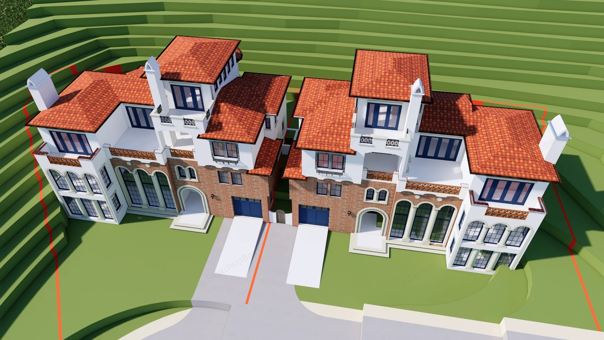 Modern Spanish Colonial Revival Twin Hillside Villa Sketchup 3D Model Preview - SketchupBox
