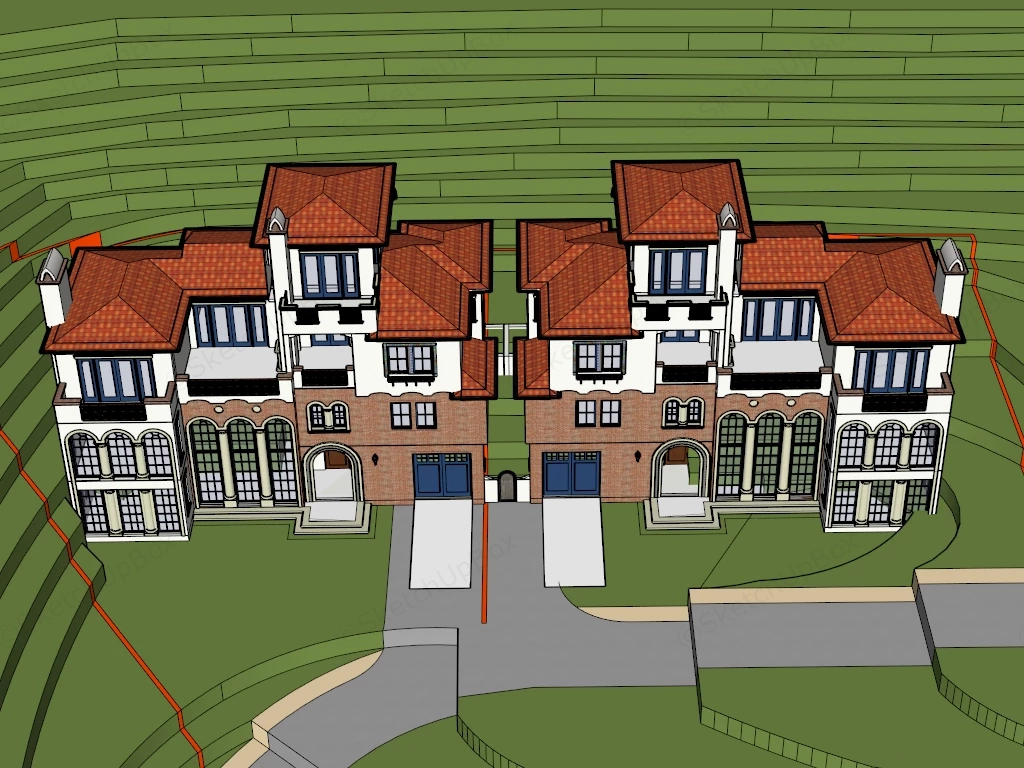 Modern Spanish Colonial Revival Twin Hillside Villa Sketchup 3D Model Preview - SketchupBox