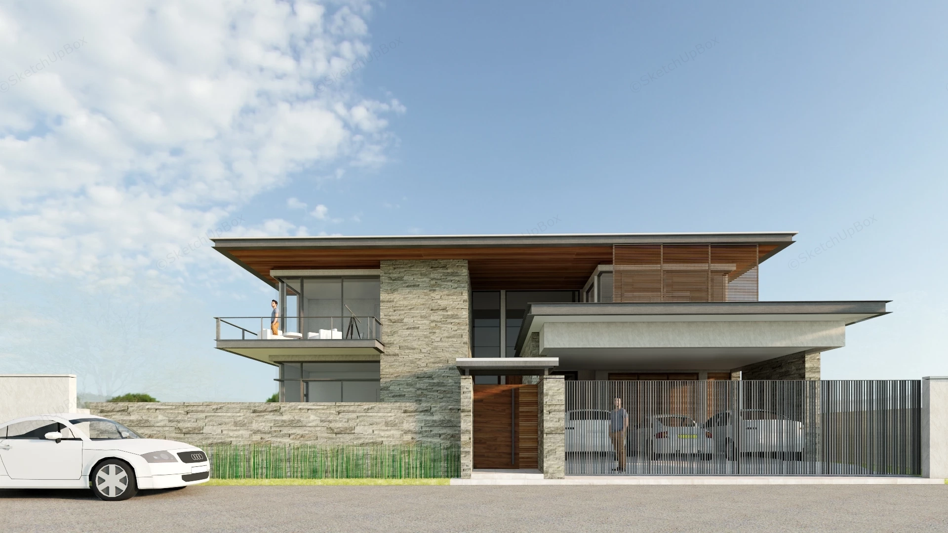 Modern Minimalist Two Story Stone And Timber Villa Sketchup 3D Model Preview - SketchupBox