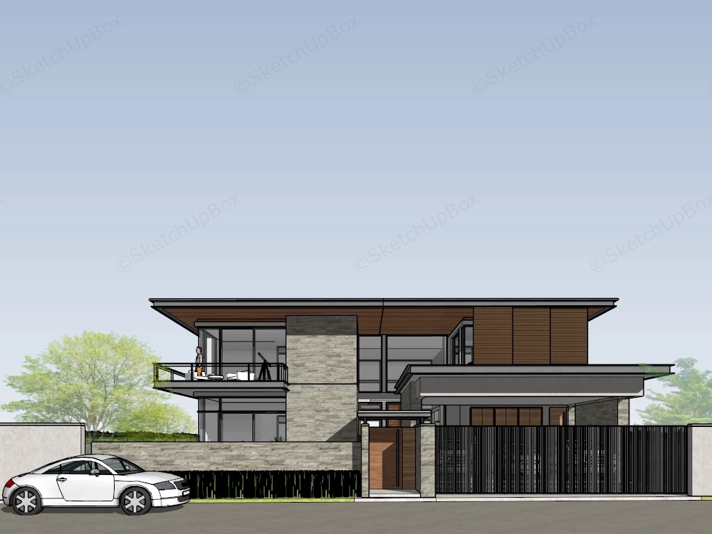 Modern Minimalist Two Story Stone And Timber Villa Sketchup 3D Model Preview - SketchupBox