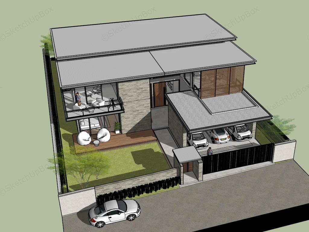 Modern Minimalist Two Story Stone And Timber Villa Sketchup 3D Model Preview - SketchupBox