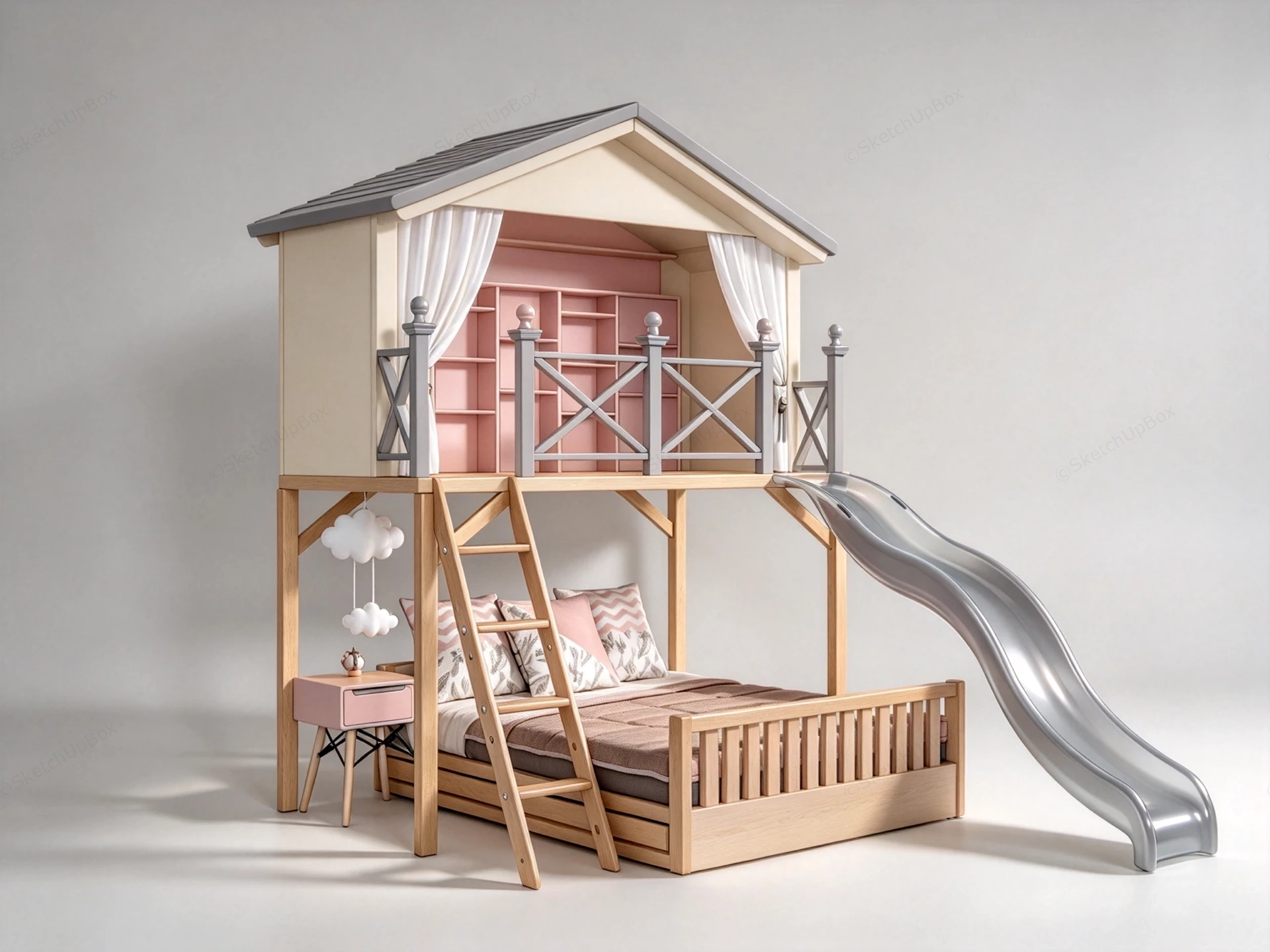Modern Children's Playhouse Loft Bed With Slide Sketchup 3D Model Preview - SketchupBox