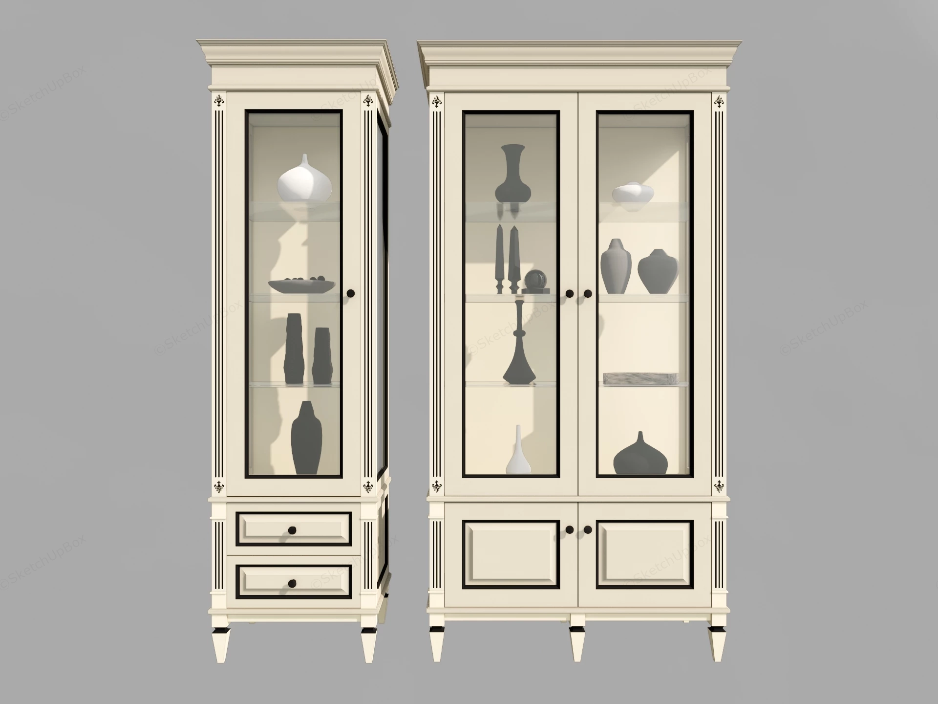 Classical Ivory Glass Display Cabinet Vitrine Set Sketchup 3D Model Preview - SketchupBox