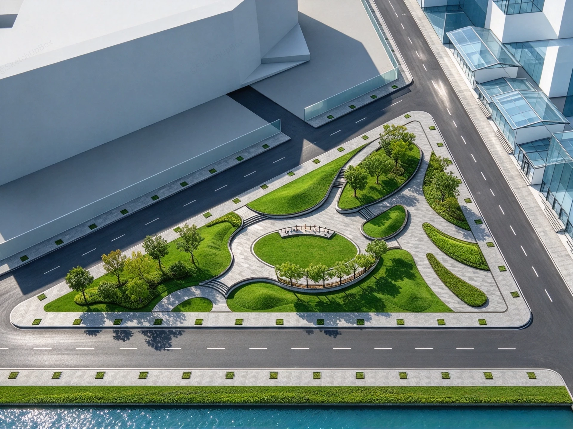Modern Triangular Urban Pocket Park Plaza Masterplan Sketchup 3D Model Preview - SketchupBox