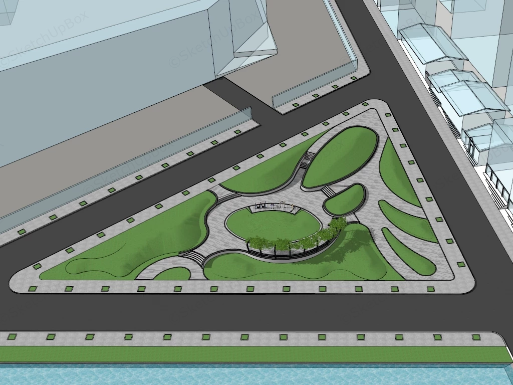Modern Triangular Urban Pocket Park Plaza Masterplan Sketchup 3D Model Preview - SketchupBox