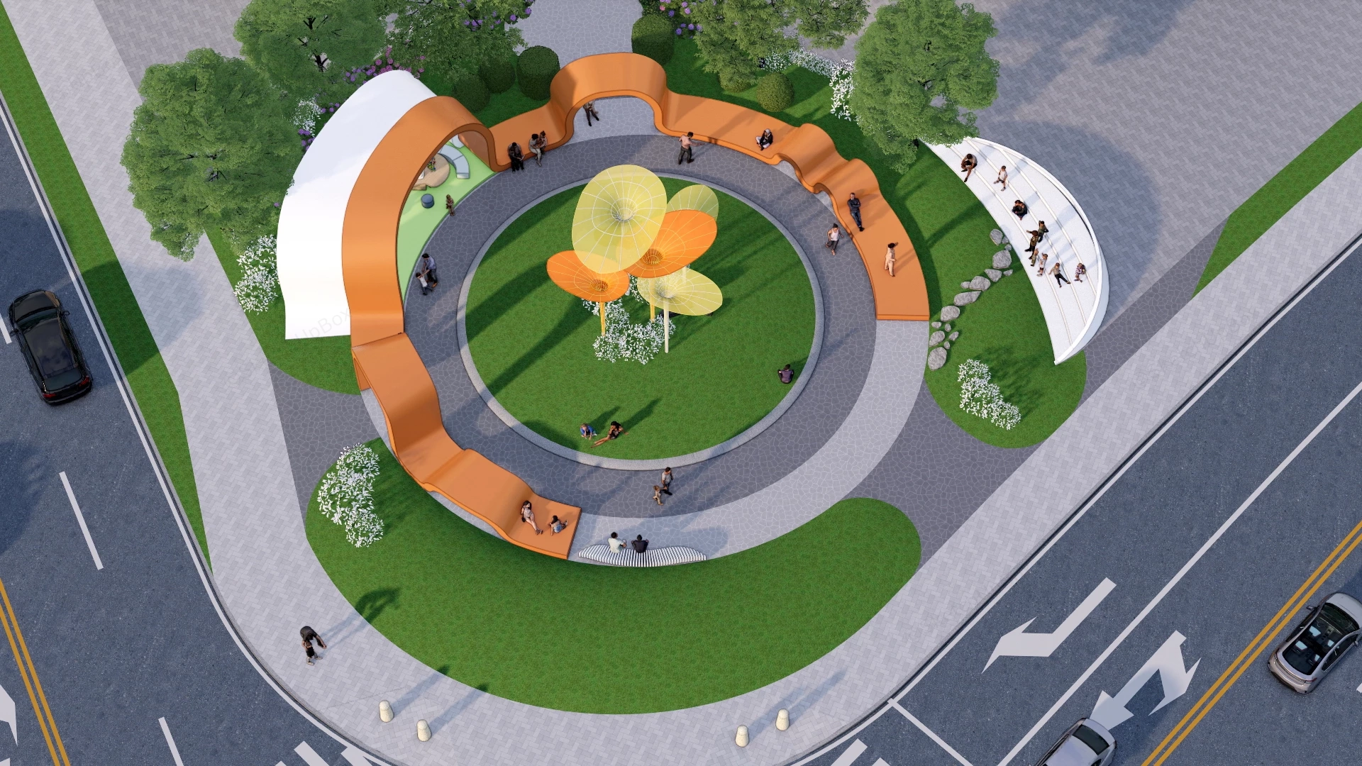 Modern Circular Urban Pocket Park Plaza Masterplan Sketchup 3D Model Preview - SketchupBox