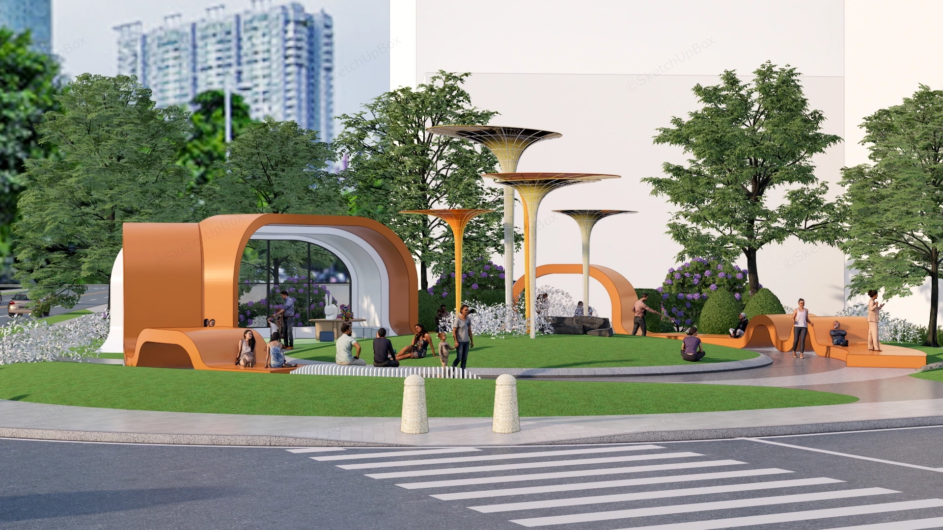 Modern Circular Urban Pocket Park Plaza Masterplan Sketchup 3D Model Preview - SketchupBox