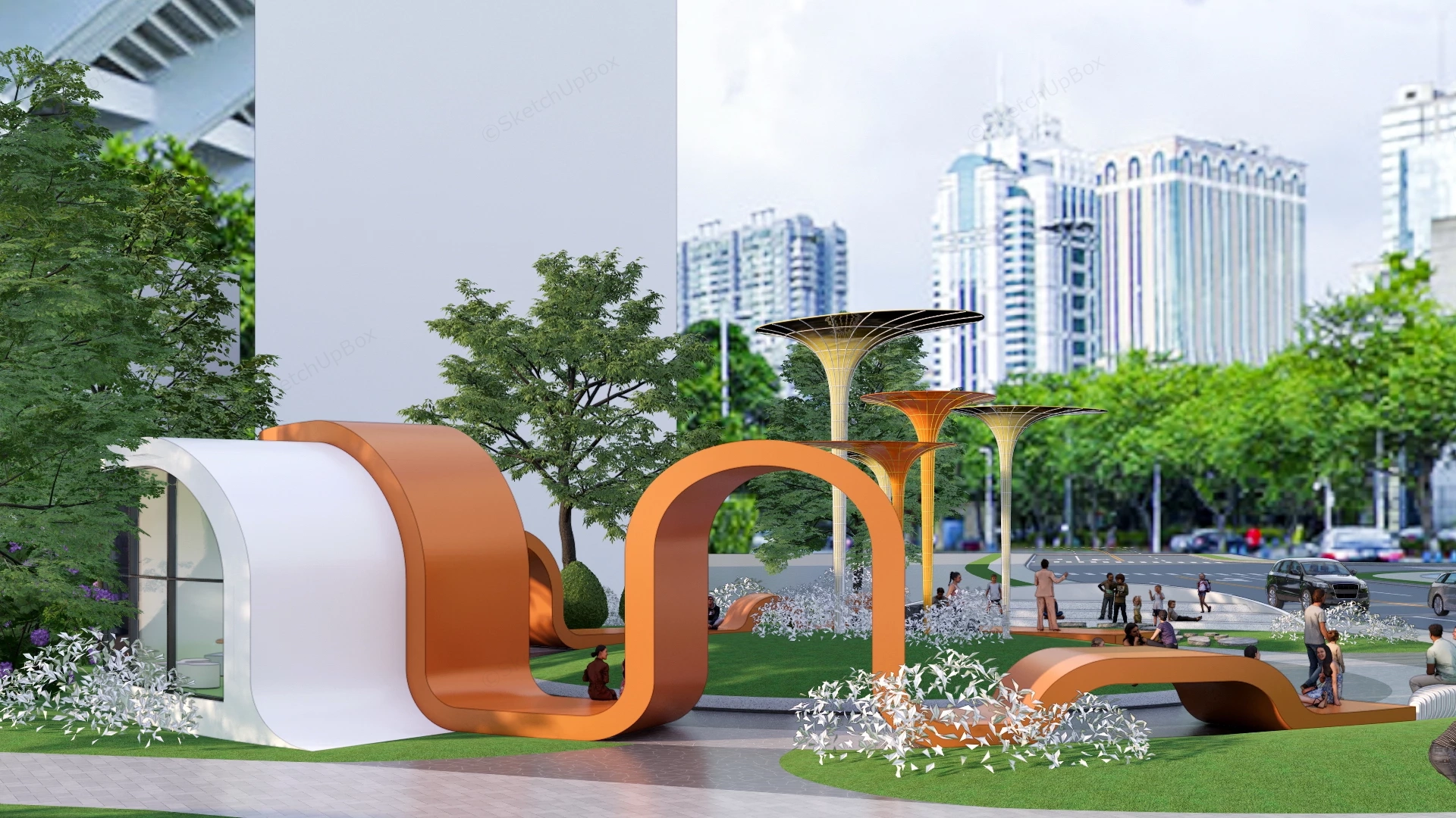 Modern Circular Urban Pocket Park Plaza Masterplan Sketchup 3D Model Preview - SketchupBox