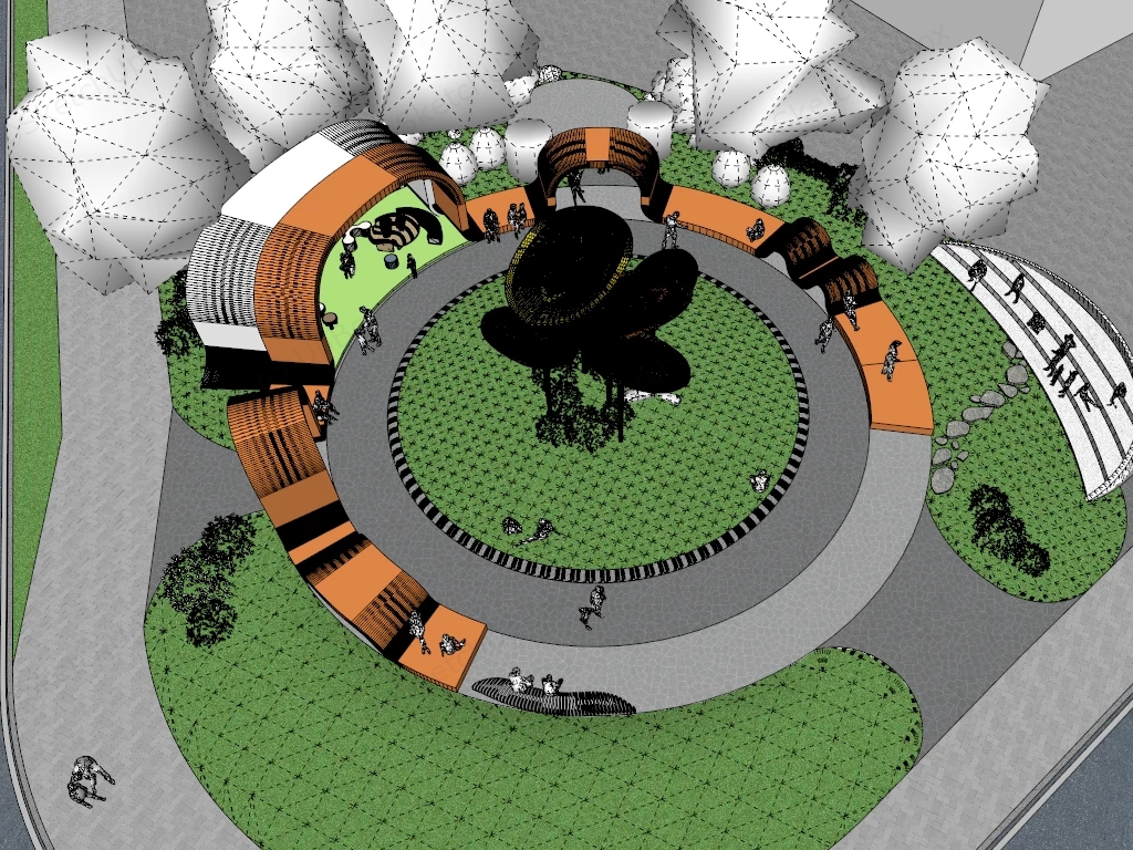 Modern Circular Urban Pocket Park Plaza Masterplan Sketchup 3D Model Preview - SketchupBox